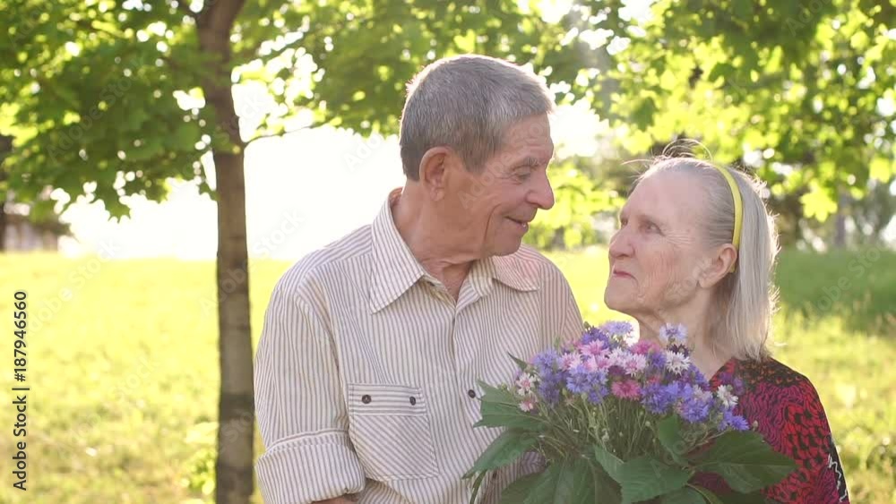 Close-up of faces old and grandparents in Sunny summer Park for a walk, grandma holding a bouquet of flowers. Close-up of faces old and grandparents in Sunny summer Park for a walk, grandma holding a bouquet of flowers.
