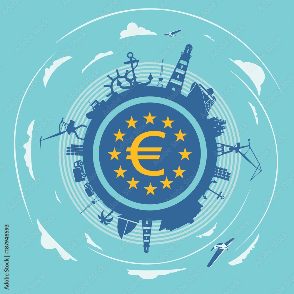 Circle with sea shipping and travel silhouettes. Objects located around the circle. Euro money sign in the circle. Modern brochure, report or leaflet design template. Cloudscape with airplanes