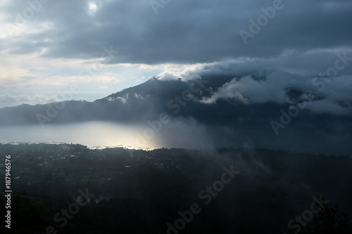foggy weather in the forest at the peak of the mountain at Batur volcano in Bali Indonesia