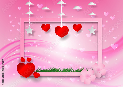 Abstract vector with heart shape and frame on pink background, valentine's day concept