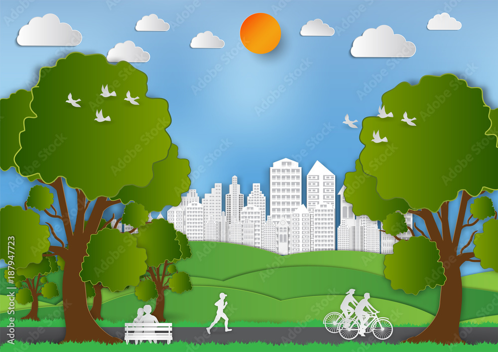 Paper art style of Landscape and People in city parks to save the world idea,  Abstract vector background