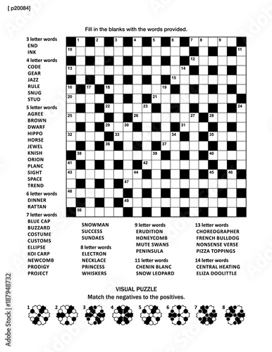 Puzzle page with two puzzles: 19x19 criss-cross (kriss-kross, fill in the blanks) crossword word game (English language) and abstract visual puzzle. Black and white, A4 or Letter sized.
