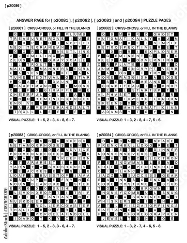 Answer page for previous four puzzle pages  p20081, p20082, p20083, p20084 with fill-in crossword puzzles and visual riddles

 photo