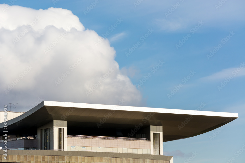 The roof of the building against the sky