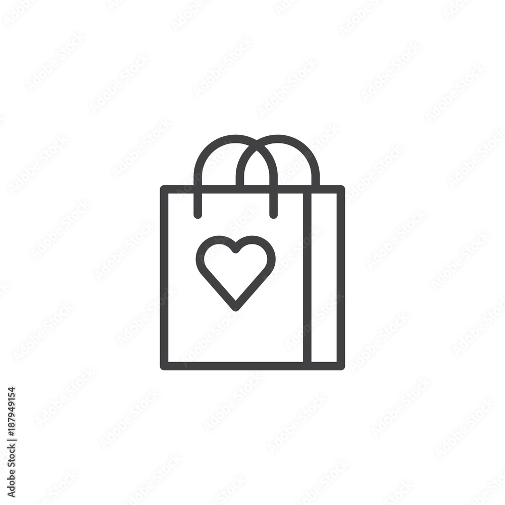 Shopping bag with heart line icon, outline vector sign, linear style pictogram isolated on white. Symbol, logo illustration. Editable stroke Shopping bag with heart line icon, outline vector sign, linear style pictogram isolated on white. Symbol, logo illustration. Editable stroke
