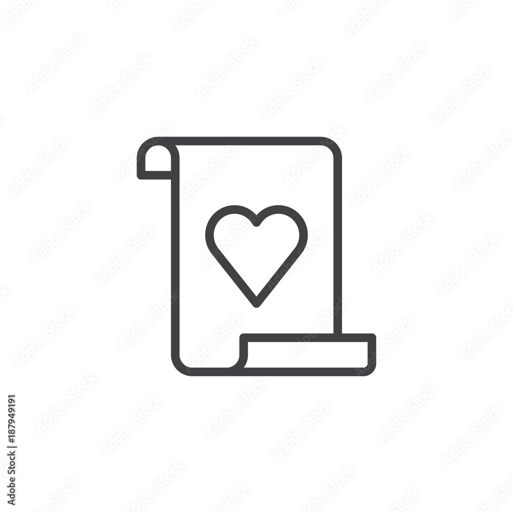 Scroll paper with heart line icon, outline vector sign, linear style pictogram isolated on white. Love message symbol, logo illustration. Editable stroke Scroll paper with heart line icon, outline vector sign, linear style pictogram isolated on white. Love message symbol, logo illustration. Editable stroke
