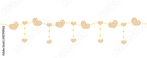 Happy Valentine's day banner with hearts made of glitter. Brilliant horizontal borders. Romantic shining sparkling garlands, bunting. Vector illustration