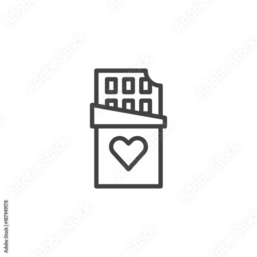 Chocolate bar with heart line icon, outline vector sign, linear style pictogram isolated on white. Symbol, logo illustration. Editable stroke