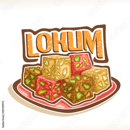 Vector illustration of Lokum, poster with pile of turkish delight powdered sugar on square dish, original typeface for title text lokum, traditional arabic dessert with pistachios for Ramadan holiday.