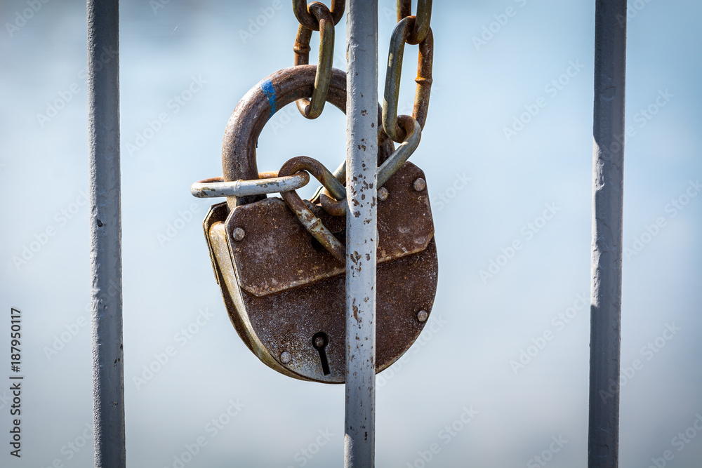 Beautiful closed padlock hanging on the iron fence Beautiful closed padlock hanging on the iron fence
