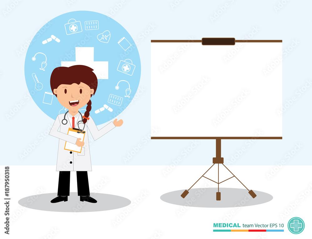 The professional medical team for health life concept with logo, little doctor boy, girl in gown suit and cartoon act - vector illustration Eps 10. The professional medical team for health life concept with logo, little doctor boy, girl in gown suit and cartoon act - vector illustration Eps 10.