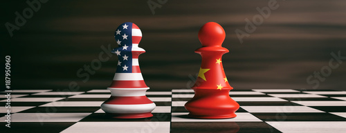 USA and China flags on chess pawns on a chessboard. 3d illustration