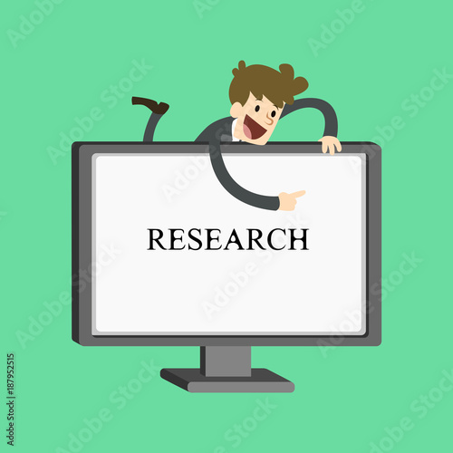 Cheerful businessman shows on the screen. Business illustration with description:research