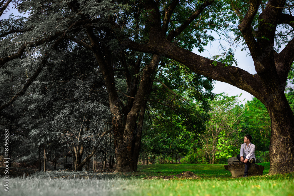 Global Warming and Pollution Concept man relaxing in nature park. Global Warming and Pollution Concept man relaxing in nature park.
