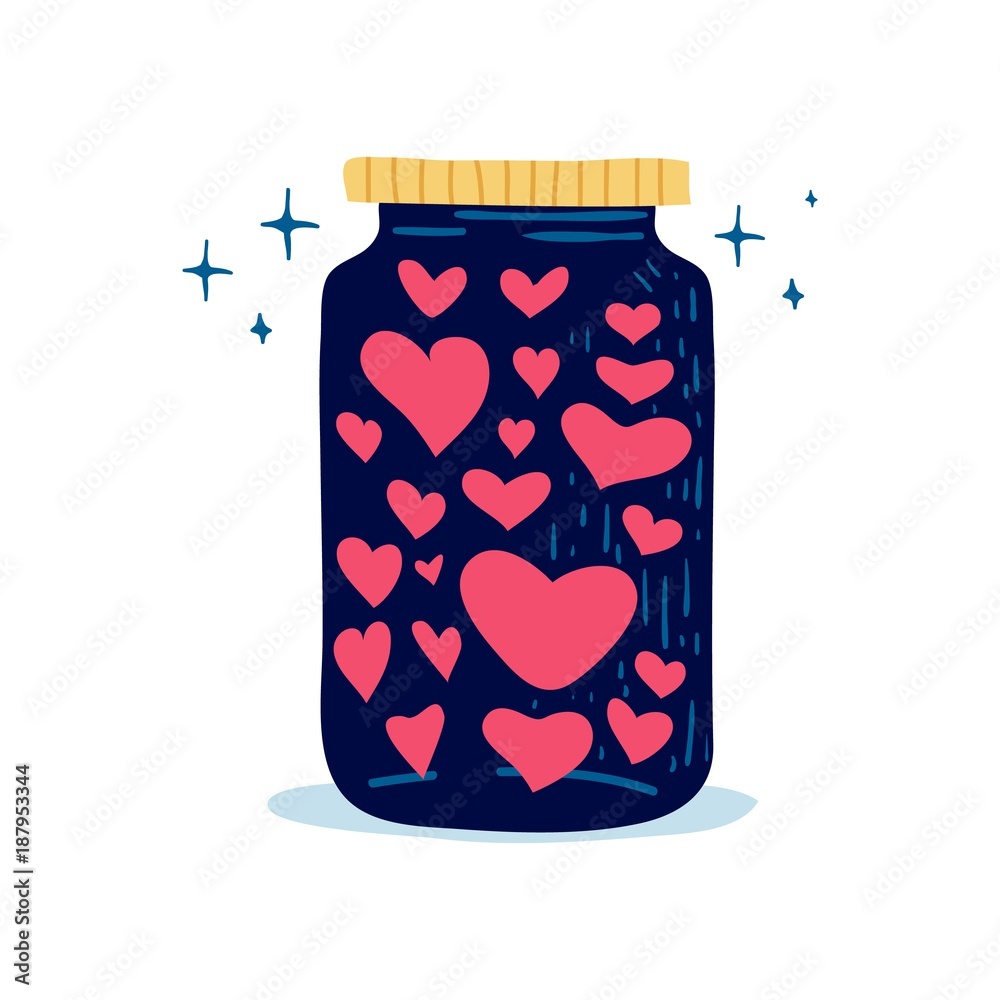Obraz premium Design illustration with cute battle love potion. Decoration jar of hearts for menu or postcard and poster for happy valentine's day. Vector