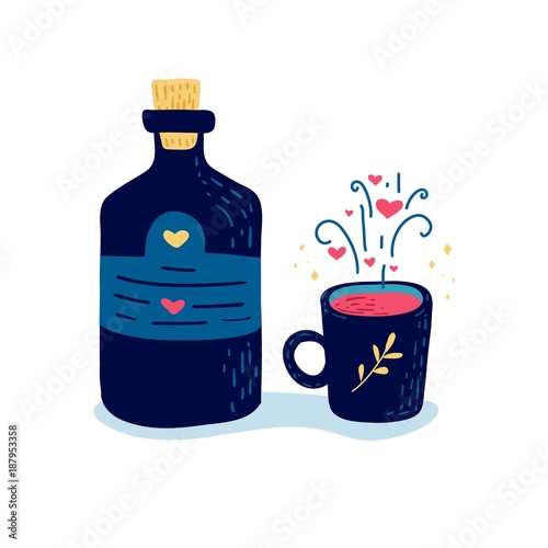 Design illustration with cute battle love potion and mug of love drink. Decoration for menu or postcard and poster for happy valentine's day. Vector