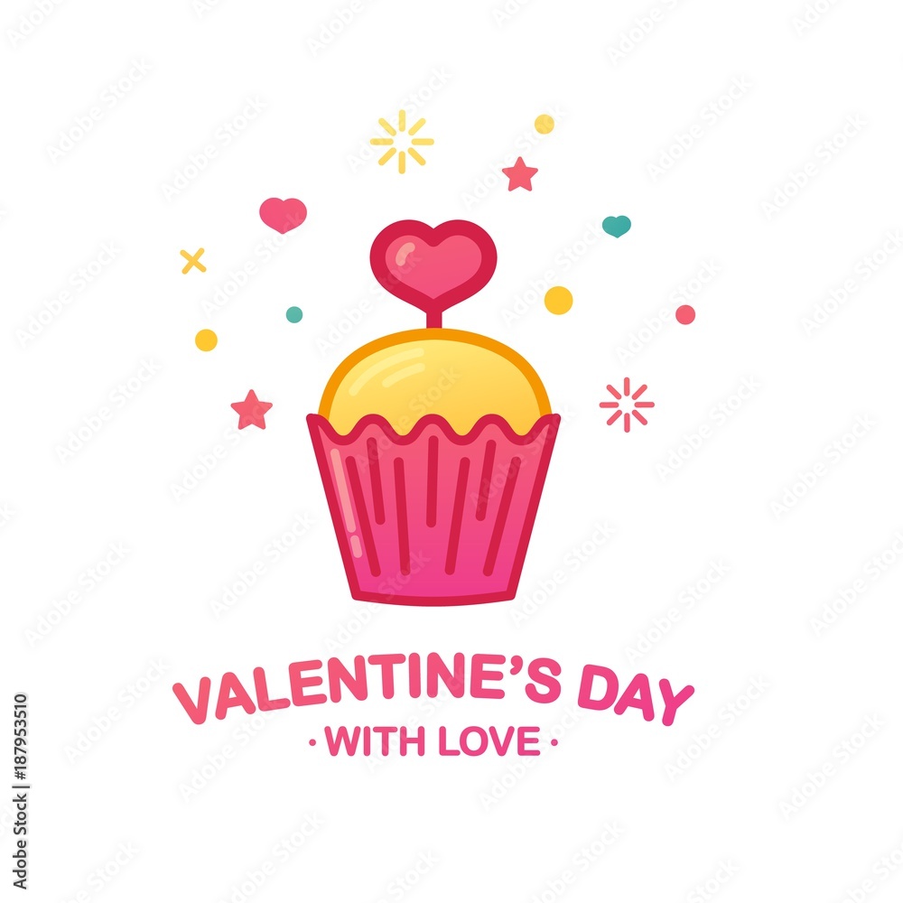 Design icon with cute cupcake. Sweet dessert with heart symbol for cafe banner or promotion happy valentine's day.  Vector