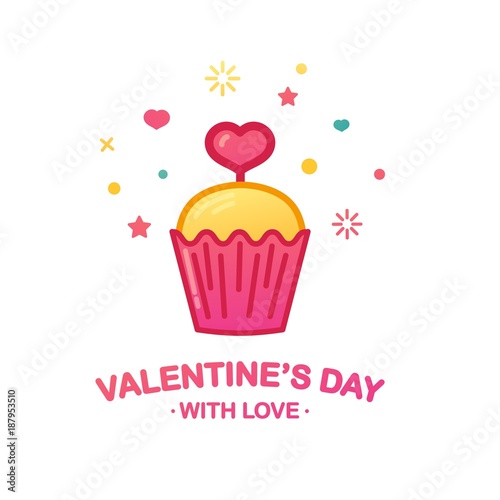 Design icon with cute cupcake. Sweet dessert with heart symbol for cafe banner or promotion happy valentine s day.  Vector