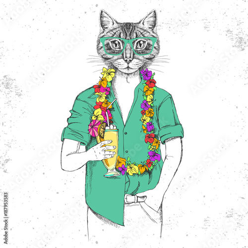 Retro Hipster animal cat with tropic cocktail