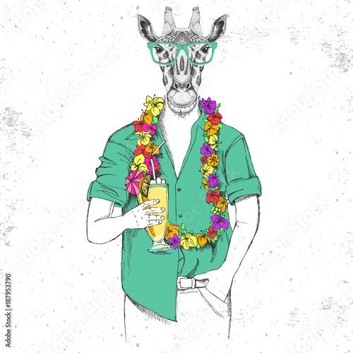 Retro Hipster animal giraffe with tropic cocktail