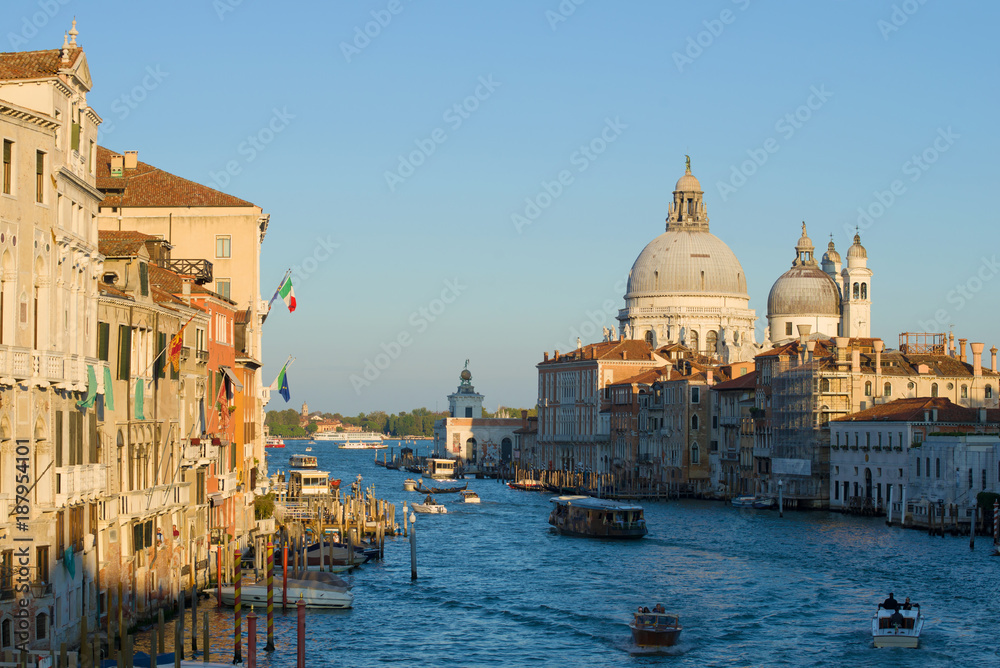September evening on the Grand Canal. View of the Cathedral of Santa Maria della Salute. Venice
