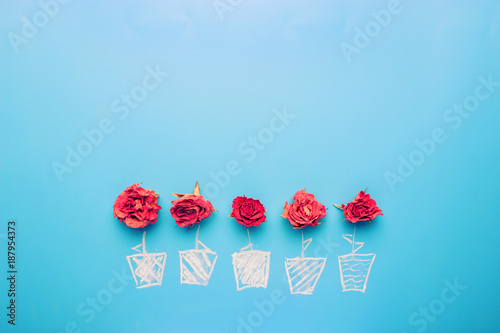 Rose placed on the desk in blue background photo