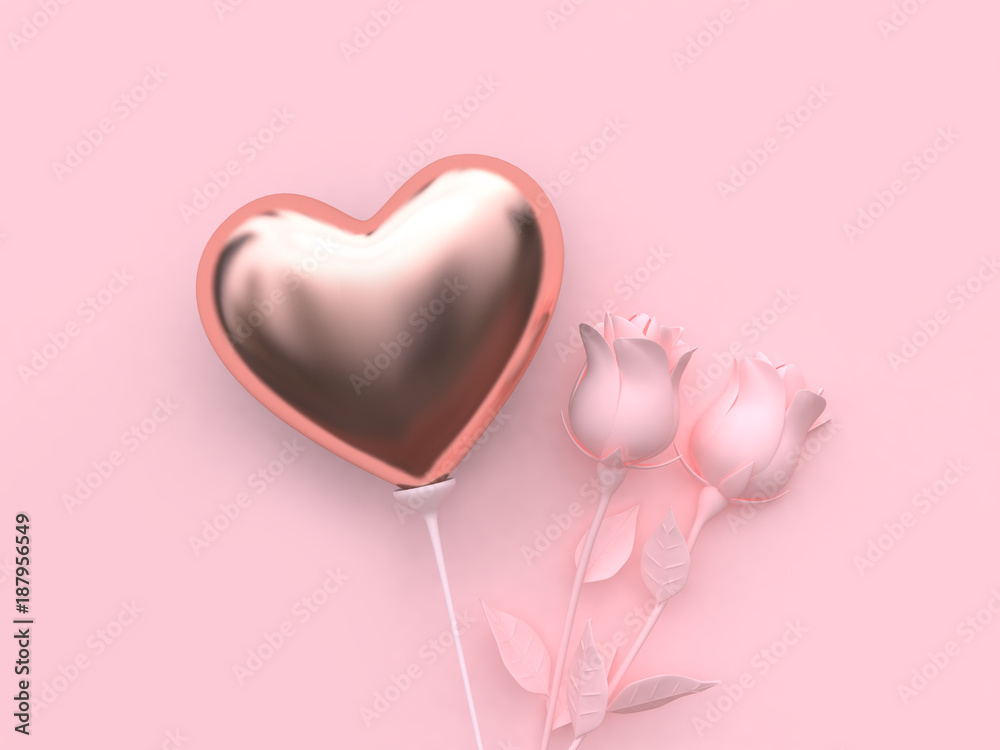 3d rendering metallic balloon heart pink rose valentine concept