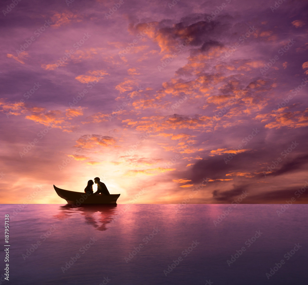 Fototapeta Koncepcja miłości, sylwetka para o romantyczny moment i Dokonywanie pocałunek na łodzi w rozrywające się morze mroczne, dramatyczny emocjonalne, tło Valentines Day