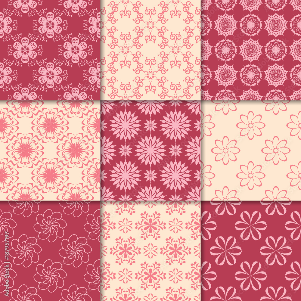 Cherry red and beige floral ornaments. Collection of seamless patterns Cherry red and beige floral ornaments. Collection of seamless patterns