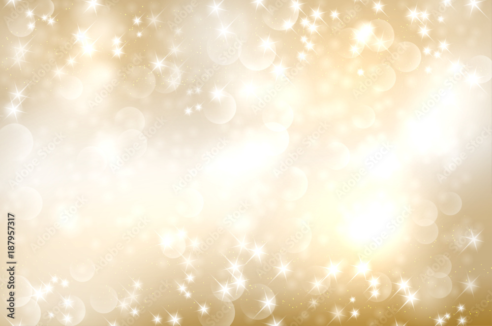 Golden abstract background with circle bokeh and shiny stars - obrazy, fototapety, plakaty 