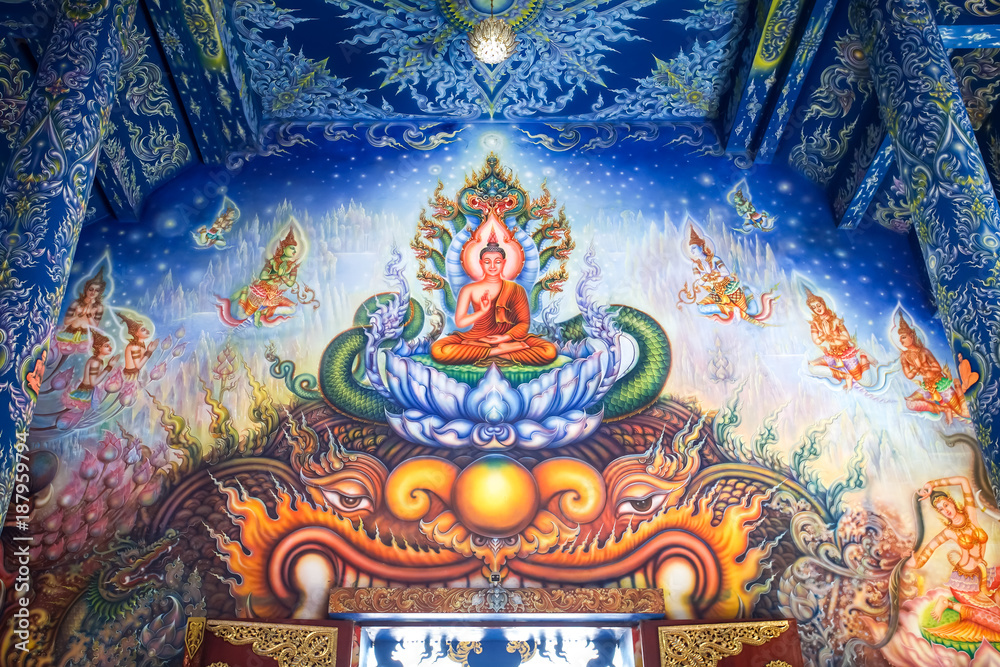 Obraz premium Very beautiful buddhist mural painting in the chapel of Wat Rong Sua Ten or Rong Sua Ten temple. This place is the popular attraction for Chiang Rai trip.