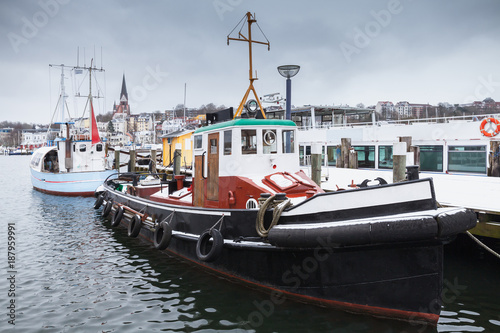 Boats moored in marina of Flensburg, Germany