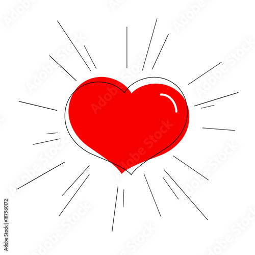 Bright red heart with rays lines Symbol of love and marriage for Valentine's Day Decorative element for the design of greeting cards wedding invitations posters banners templates Flag Drawing Vector