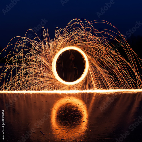 Bright sparks from the steel wool,