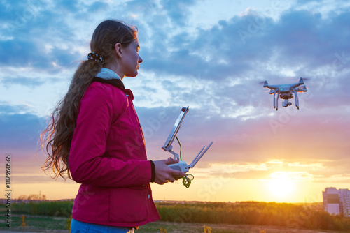 drone flying at sunset