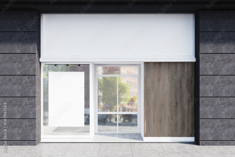 Fototapeta premium Gray and white cafe facade, poster