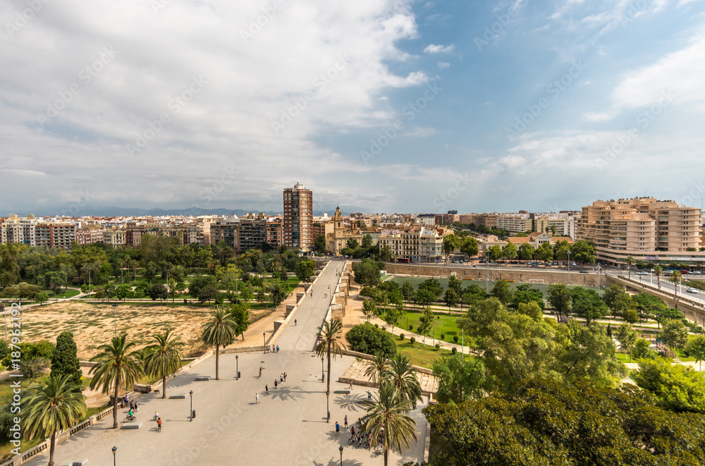 Valencia Turia river park gardens and skyline in Spain Panoramic views from the top