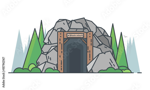 Bitcoin and cryptocurrency line concept. Old mine entrance with big granite rocks and green trees. Nature background. Mining business. Modern line vector illustration.