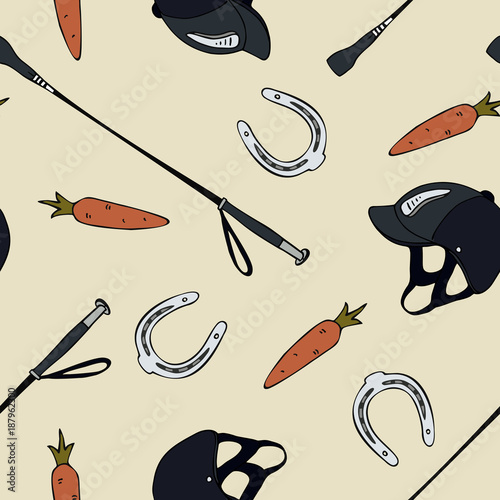 seamless pattern cartoon equestrian sport carrot horseshoe whip helmet