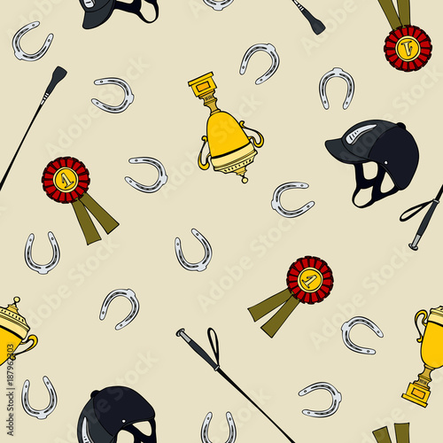 seamless pattern cartoon equestrian sport cupe prize horseshoe whip helmet