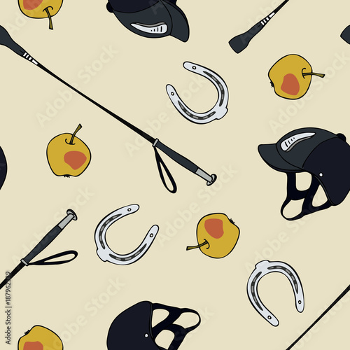 seamless pattern equestrian sport whip helmet horseshoe apple