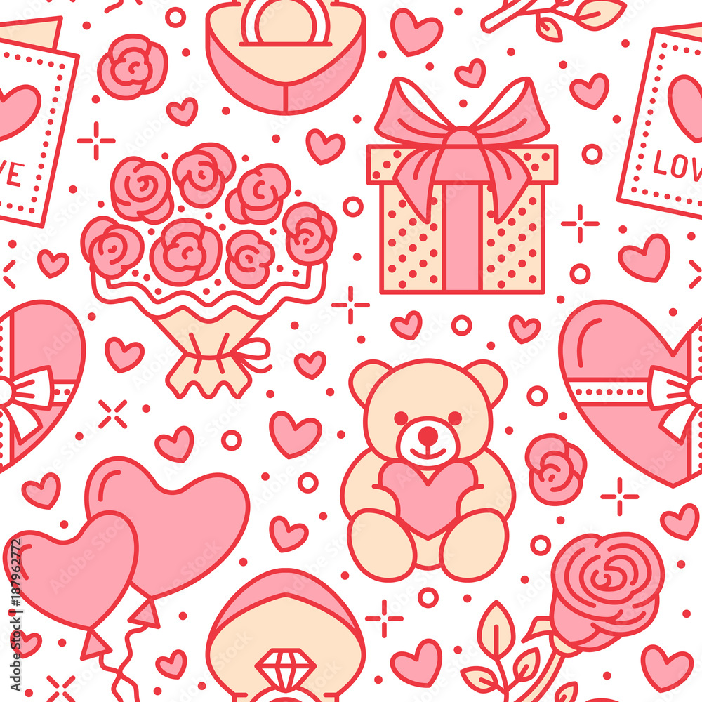Valentines day seamless pattern. Love, romance flat line icons - hearts, chocolate, teddy bear, engagement ring, balloons, valentine card, red rose. Pink wallpaper for february 14 celebration.