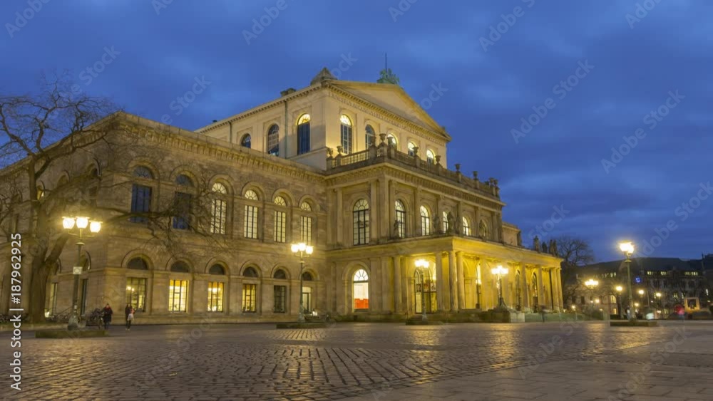 Hannover Opera House at winter evening. A theater built in classical style between 1845 and 1852. Time lapse. 4K. Hannover Opera House at winter evening. A theater built in classical style between 1845 and 1852. Time lapse. 4K.