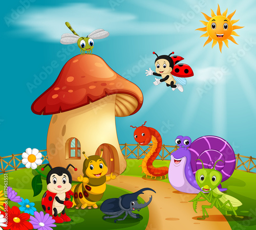 many insect and a mushroom house in forest