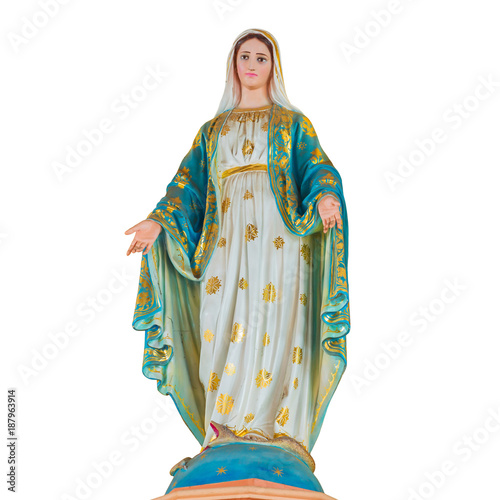 Virgin Mary statue of Catholic Church isolated on white background.