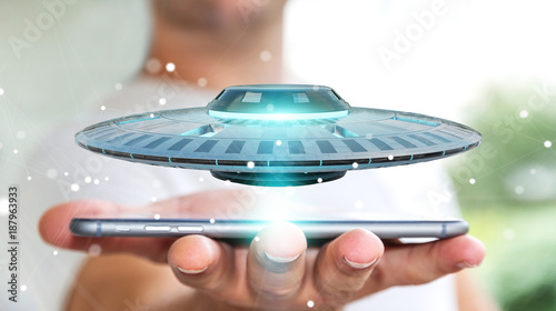Fototapeta Naklejka Na Ścianę i Meble -  Businessman with retro UFO spaceship 3D rendering