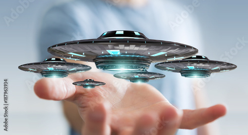 Fototapeta Naklejka Na Ścianę i Meble -  Businessman with retro UFO spaceship 3D rendering