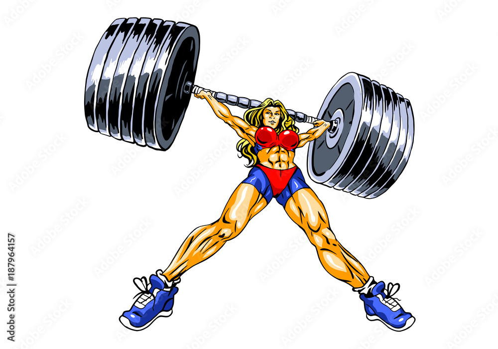 fitness power girl lifting heavy barbell,illustration,art,design,logo,color  Stock Vector | Adobe Stock