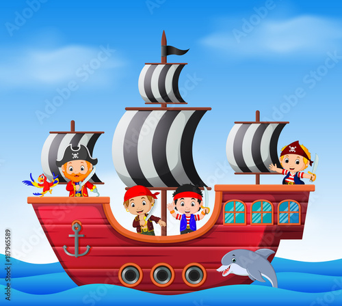 Children on pirate ship and ocean scene