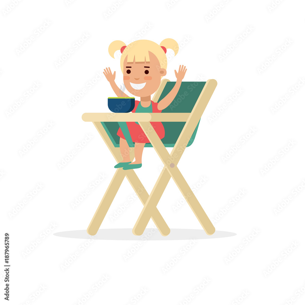 Fototapeta premium Flat baby daughter child eating in feeding high chair vector